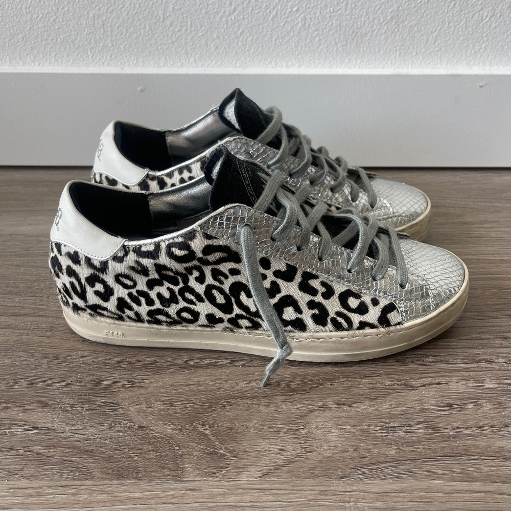 P448 John Sneaker Black and White Leopard Print with Silver Detailing Size 37